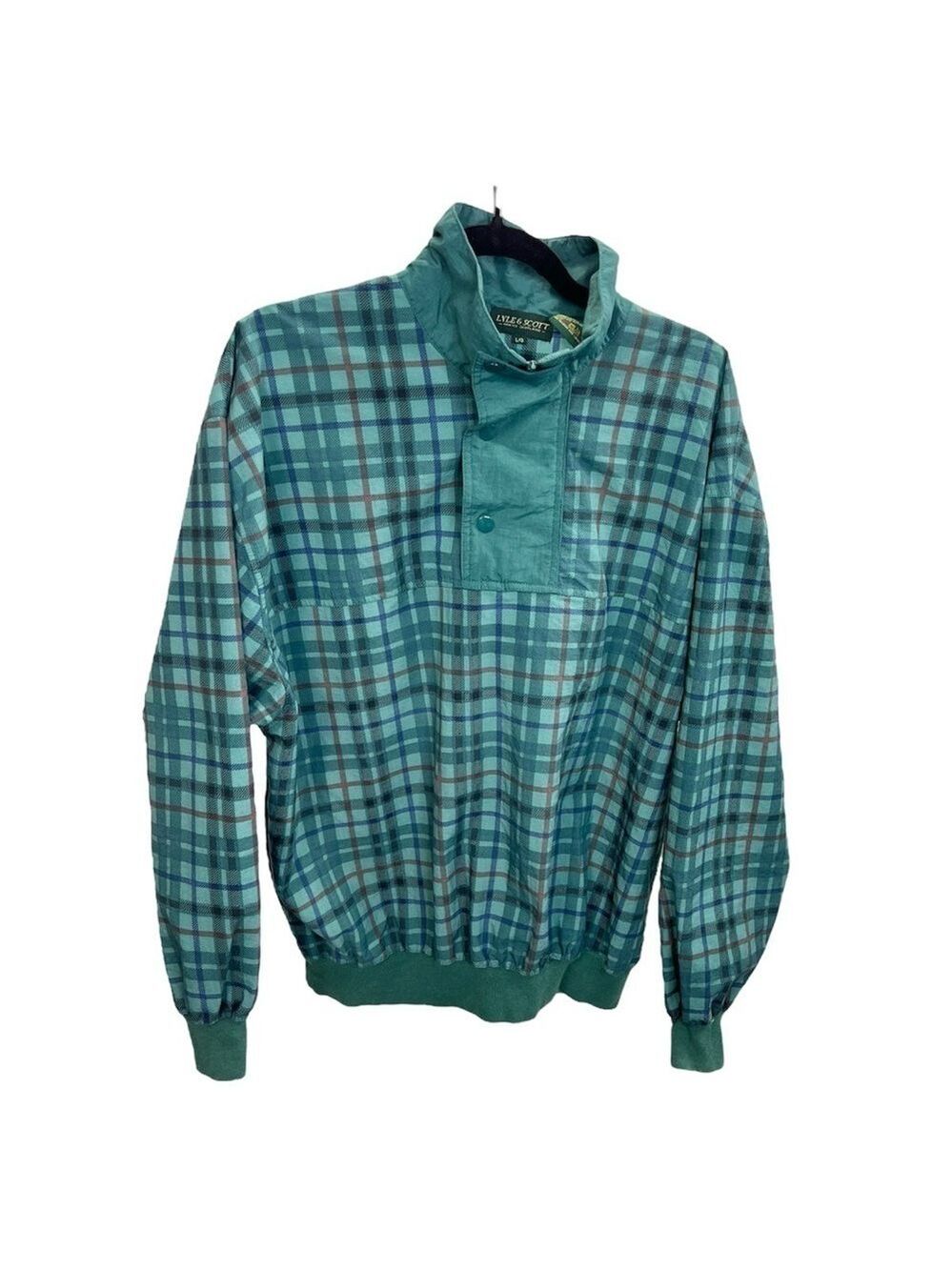 Vintage Lyle & Scott teal green plaid 1/4 zip pull over jacket L